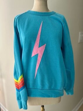 ⚡️Aviator Nation blue Crewneck with Pink Lightning and Rainbow Sleeve